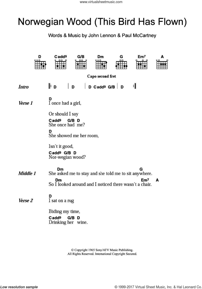 Norwegian Wood (This Bird Has Flown) sheet music for guitar (chords) by The Beatles, John Lennon and Paul McCartney, intermediate skill level