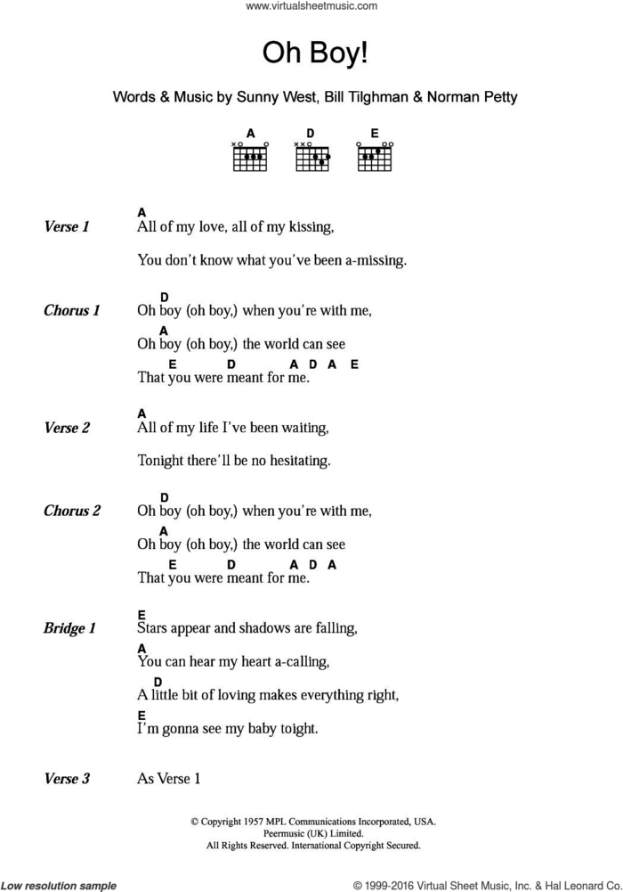 Oh Boy! sheet music for guitar (chords) by Buddy Holly, Bill Tilghman, Norman Petty and Sunny West, intermediate skill level