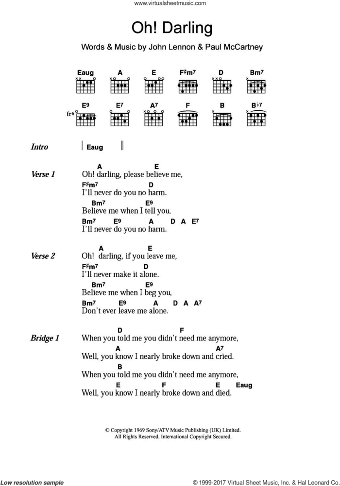 Oh! Darling sheet music for guitar (chords) by The Beatles, John Lennon and Paul McCartney, intermediate skill level