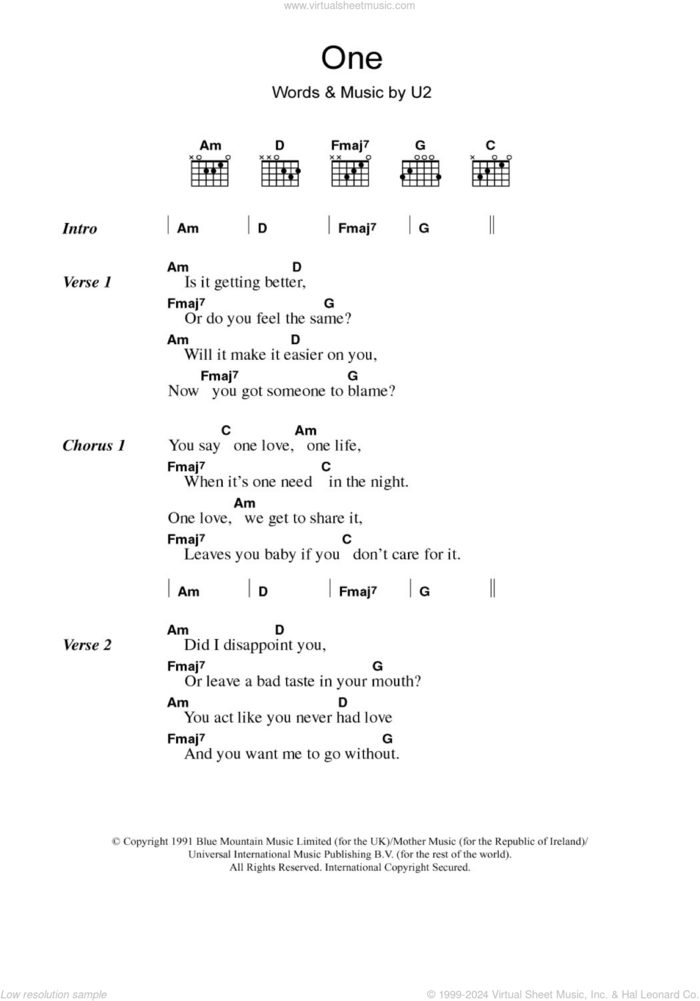 One sheet music for guitar (chords) by U2, intermediate skill level