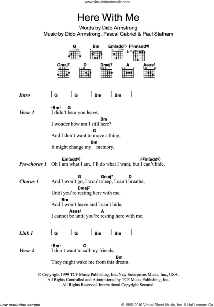 Here With Me (Theme from Roswell) sheet music for guitar (chords) by Dido Armstrong, Pascal Gabriel and Paul Statham, intermediate skill level