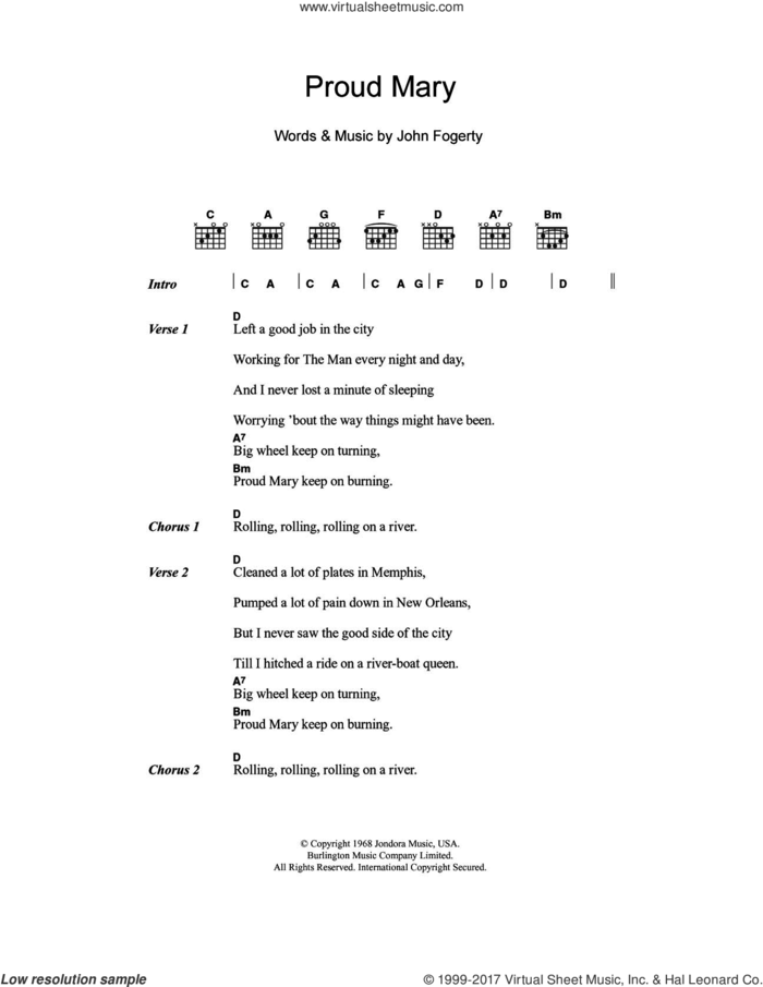 Proud Mary sheet music for guitar (chords) by Creedence Clearwater Revival and John Fogerty, intermediate skill level
