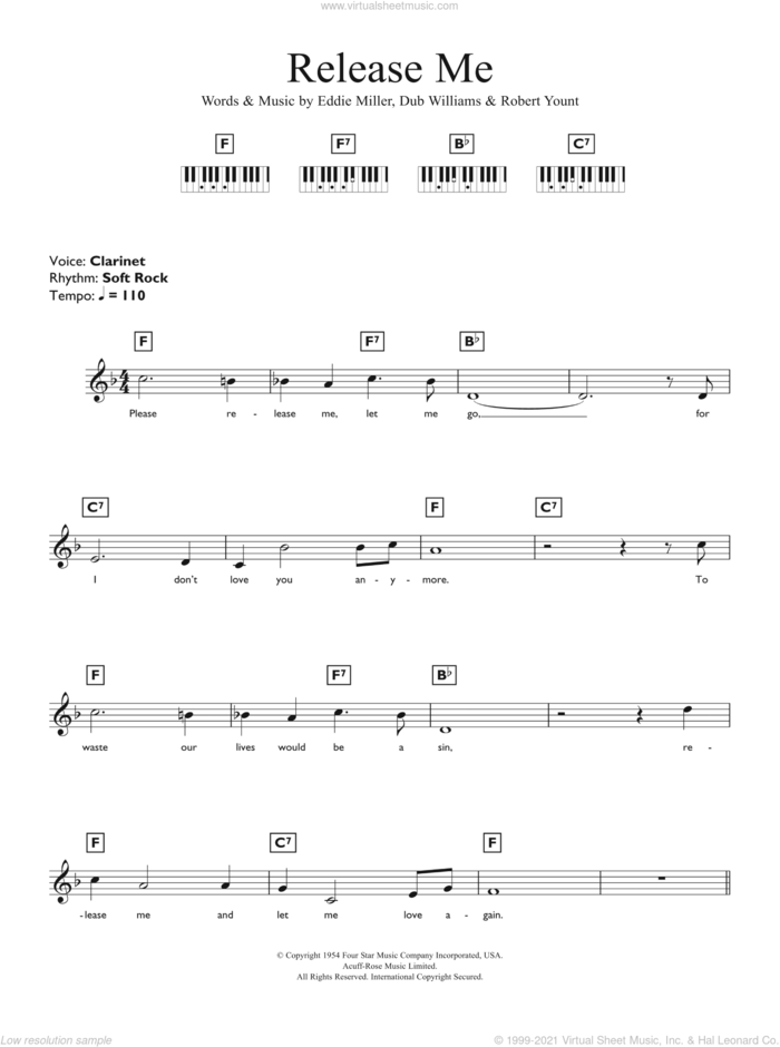 Release Me sheet music for piano solo (chords, lyrics, melody) by Engelbert Humperdinck, Dub Williams, Eddie Miller and Robert Yount, intermediate piano (chords, lyrics, melody)
