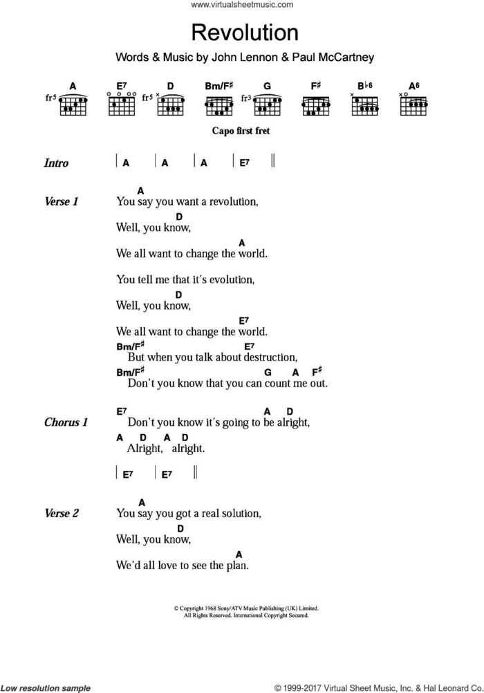 Revolution 1 sheet music for guitar (chords) by The Beatles, John Lennon and Paul McCartney, intermediate skill level