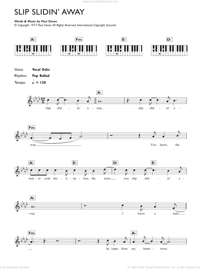 Slip Slidin' Away sheet music for piano solo (chords, lyrics, melody)