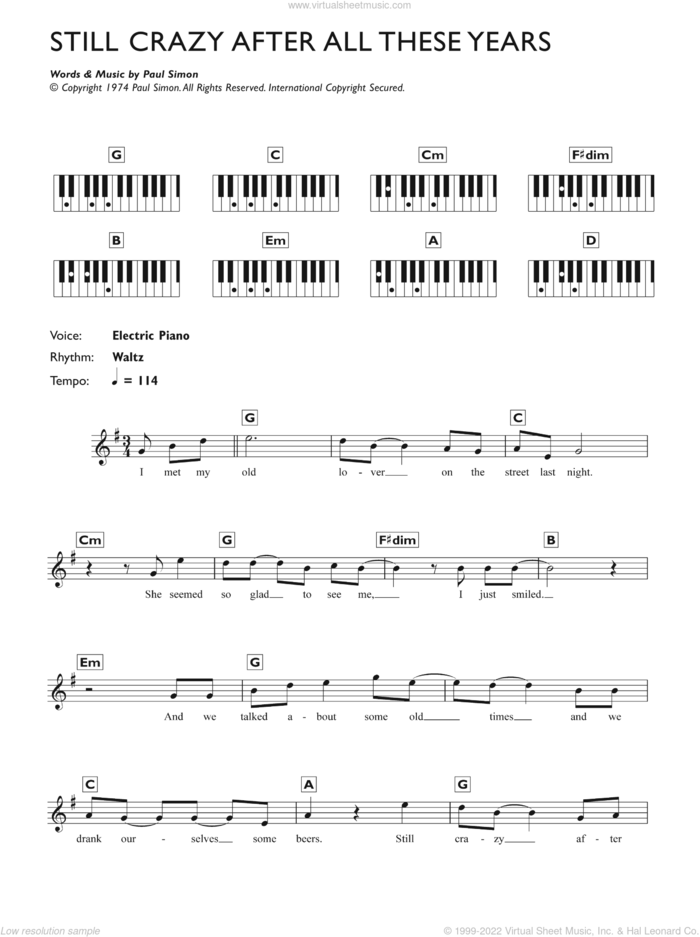 Still Crazy After All These Years sheet music for piano solo (chords, lyrics, melody) by Paul Simon, intermediate piano (chords, lyrics, melody)