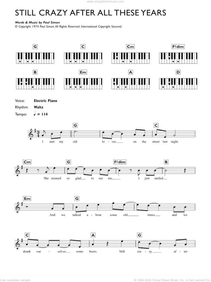 Still Crazy After All These Years sheet music for piano solo (chords, lyrics, melody) by Paul Simon, intermediate piano (chords, lyrics, melody)