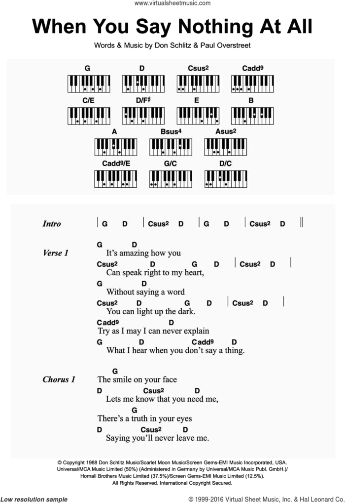 When You Say Nothing At All sheet music for piano solo (chords, lyrics, melody) by Ronan Keating, Alison Krauss, Keith Whitley, Don Schlitz and Paul Overstreet, intermediate piano (chords, lyrics, melody)