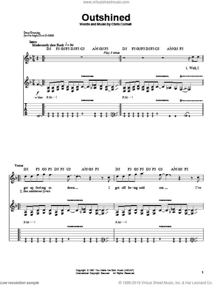 Outshined sheet music for guitar (tablature, play-along) by Soundgarden and Chris Cornell, intermediate skill level