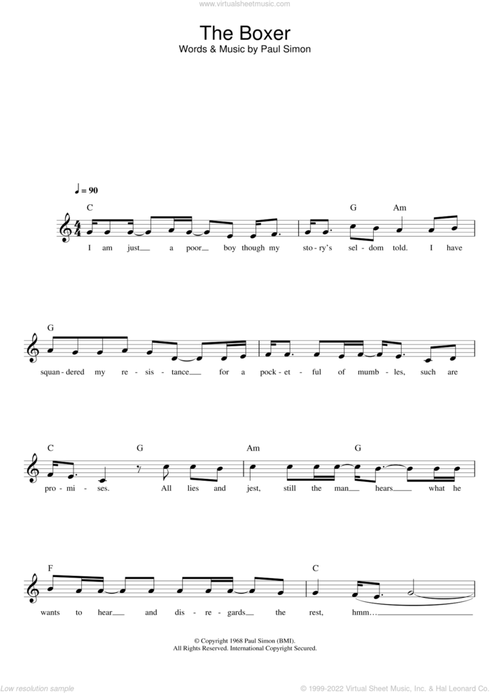 The Boxer sheet music for piano solo (chords, lyrics, melody) by Simon & Garfunkel and Paul Simon, intermediate piano (chords, lyrics, melody)