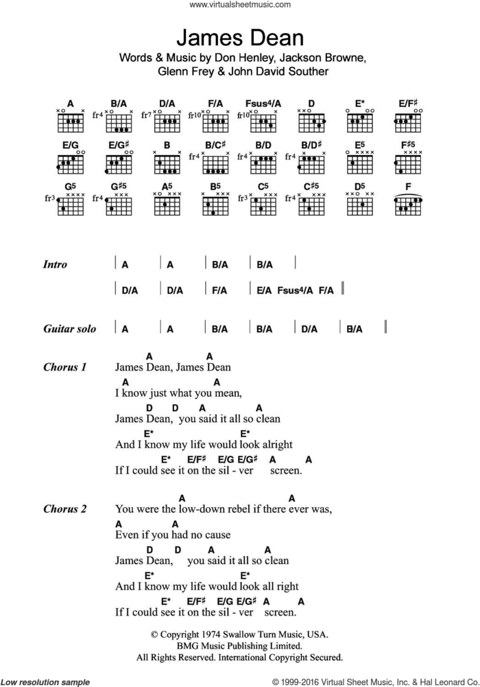 James Dean sheet music for guitar (chords) by Don Henley, The Eagles, Glenn Frey, Jackson Browne and John David Souther, intermediate skill level