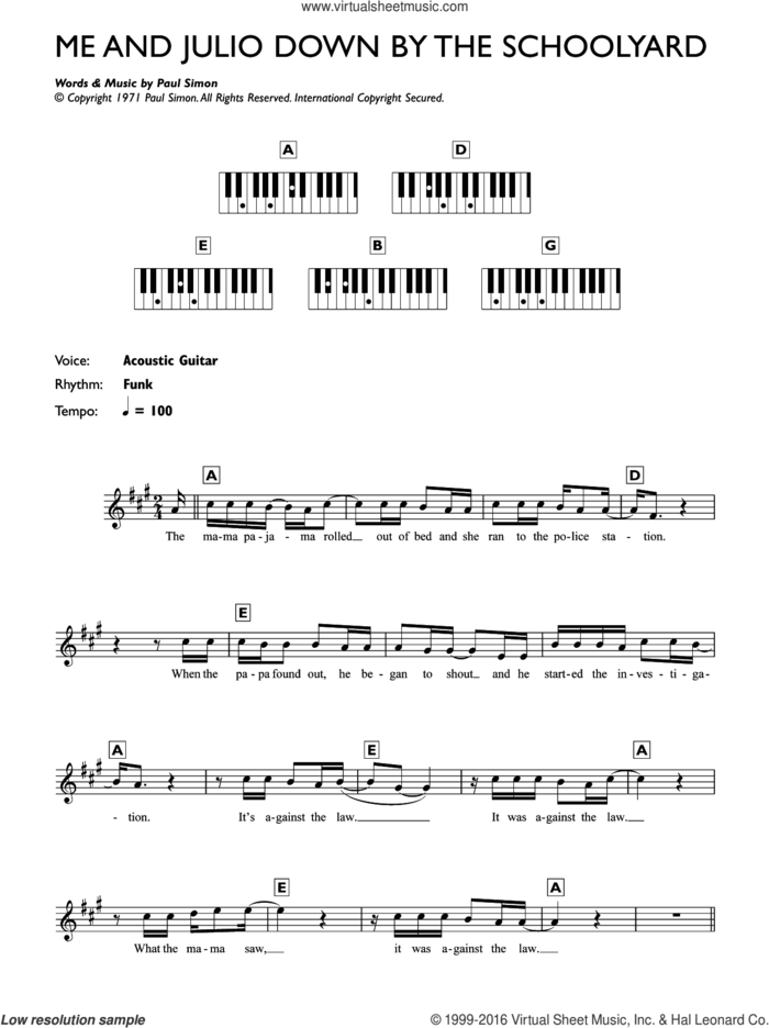 Me And Julio Down By The Schoolyard sheet music for piano solo (chords, lyrics, melody) by Paul Simon, intermediate piano (chords, lyrics, melody)