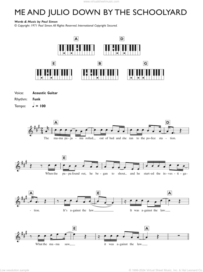 Me And Julio Down By The Schoolyard sheet music for piano solo (chords, lyrics, melody) by Paul Simon, intermediate piano (chords, lyrics, melody)