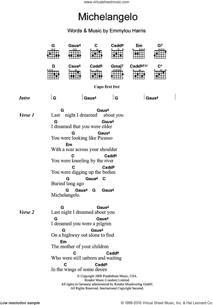 Michelangelo sheet music for guitar (chords) by Emmylou Harris, intermediate skill level