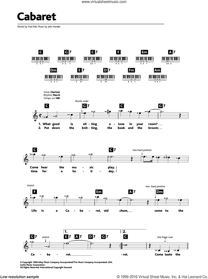 Cabaret sheet music for piano solo (chords, lyrics, melody) by Liza Minnelli, Fred Ebb and John Kander, intermediate piano (chords, lyrics, melody)