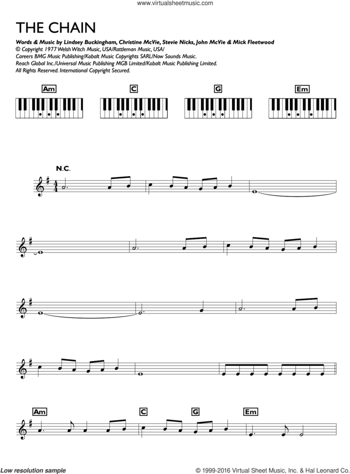 The Chain sheet music for piano solo (chords, lyrics, melody) by Fleetwood Mac, Christine McVie, John McVie, Lindsey Buckingham, Mick Fleetwood and Stevie Nicks, intermediate piano (chords, lyrics, melody)