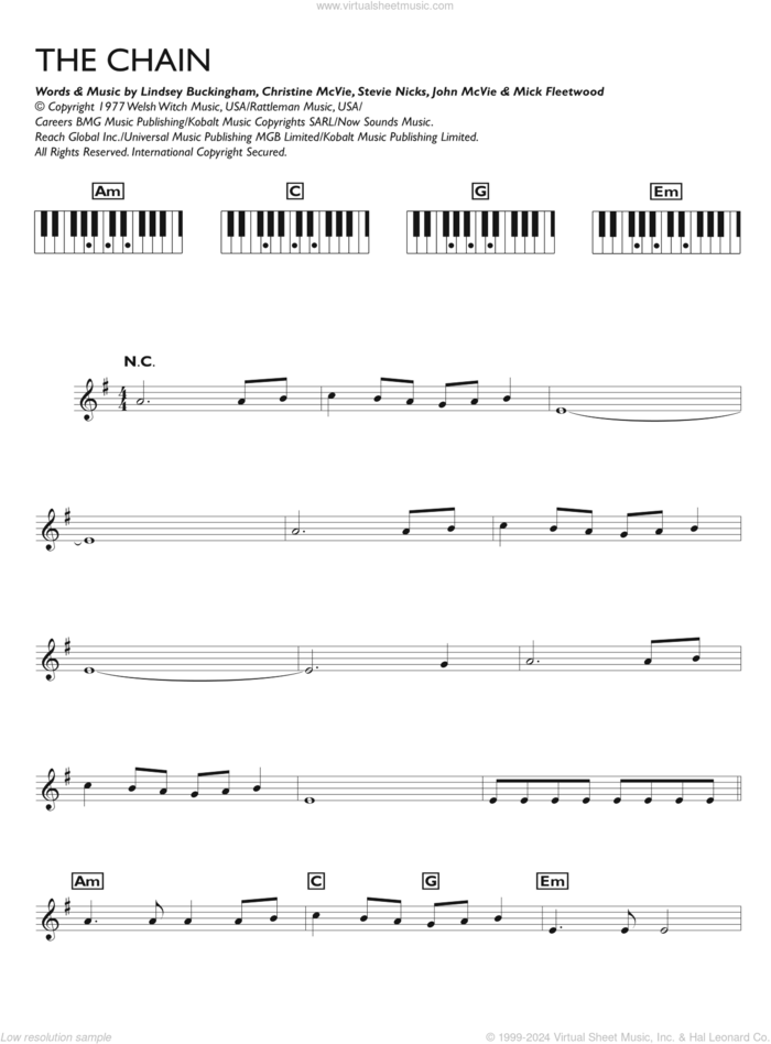 The Chain sheet music for piano solo (chords, lyrics, melody) by Fleetwood Mac, Christine McVie, John McVie, Lindsey Buckingham, Mick Fleetwood and Stevie Nicks, intermediate piano (chords, lyrics, melody)