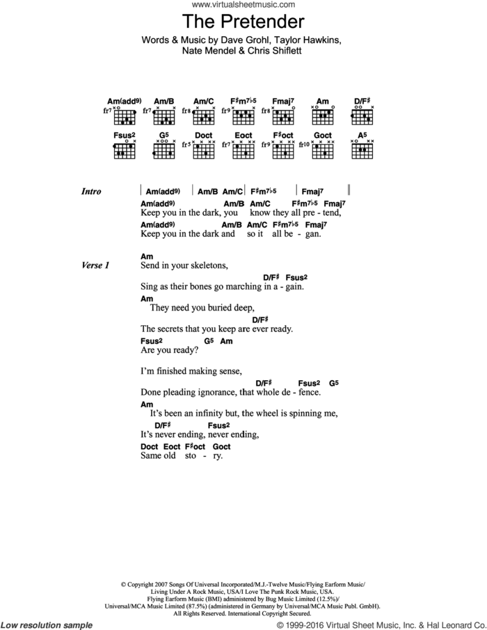 The Pretender sheet music for guitar (chords) by Foo Fighters, Chris Shiflett, Dave Grohl, Nate Mendel and Taylor Hawkins, intermediate skill level