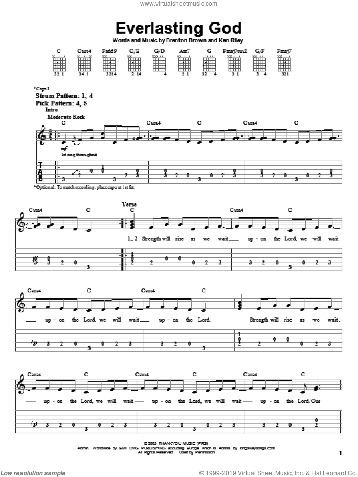 Everlasting God sheet music for guitar solo (easy tablature) by Chris Tomlin, Lincoln Brewster, Brenton Brown and Ken Riley, easy guitar (easy tablature)