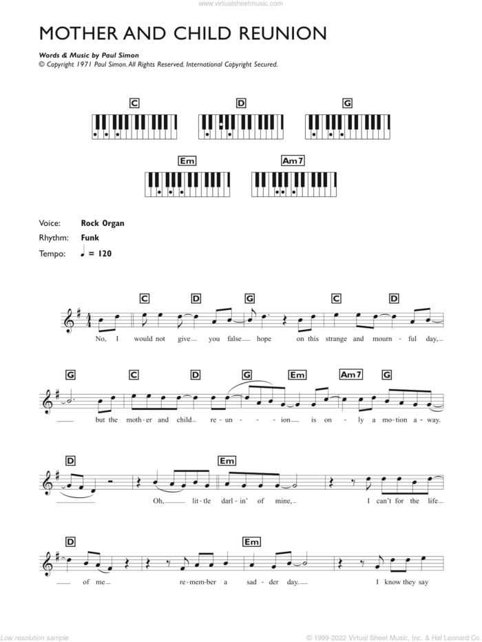 Mother And Child Reunion sheet music for piano solo (chords, lyrics, melody) by Paul Simon, intermediate piano (chords, lyrics, melody)