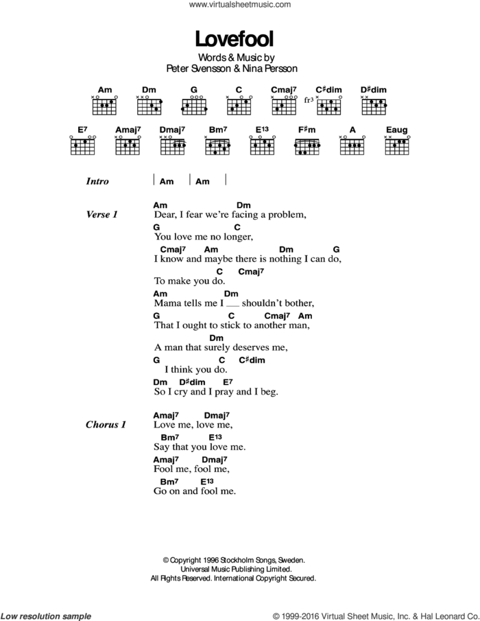 Lovefool sheet music for guitar (chords) by The Cardigans, Nina Persson and Peter Svensson, intermediate skill level