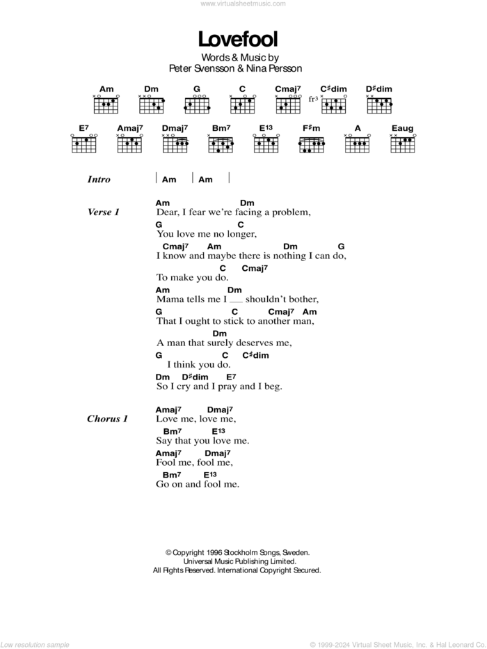 Lovefool sheet music for guitar (chords) by The Cardigans, Nina Persson and Peter Svensson, intermediate skill level