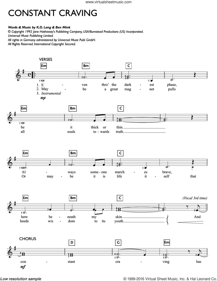 Constant Craving sheet music for voice and other instruments (fake book) by k.d. lang and Ben Mink, intermediate skill level