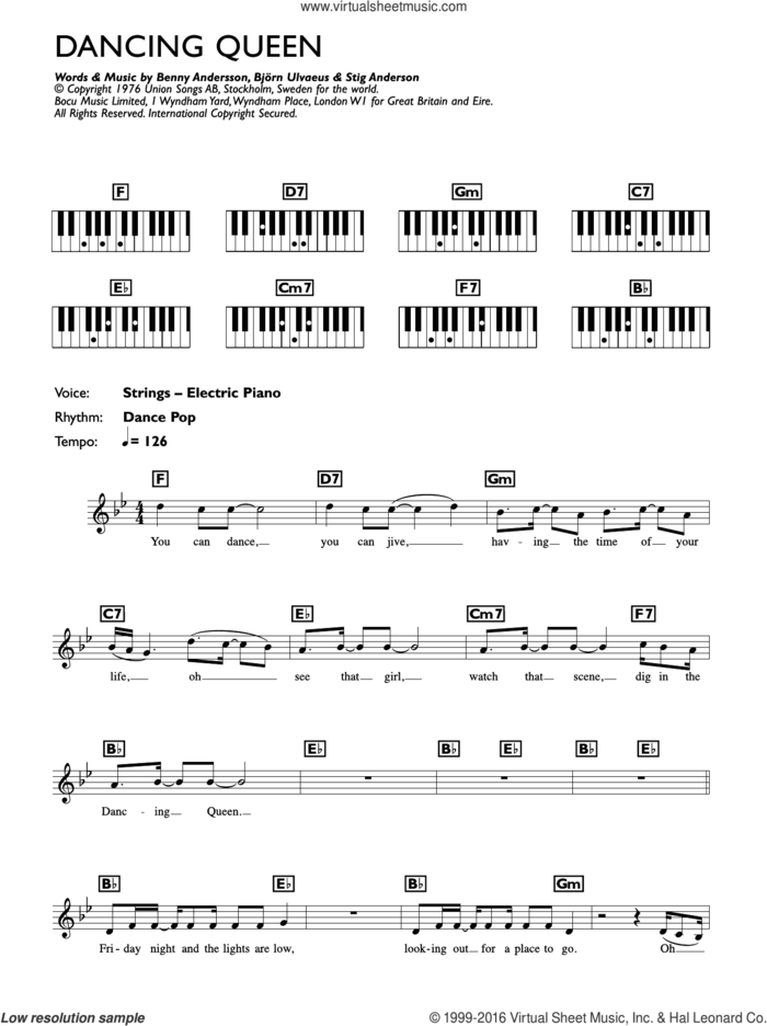 Dancing Queen sheet music for piano solo (chords, lyrics, melody) by ABBA, Benny Andersson, Bjorn Ulvaeus and Stig Anderson, intermediate piano (chords, lyrics, melody)