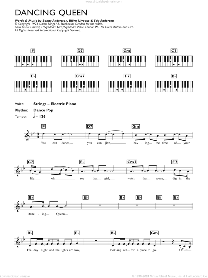 Dancing Queen sheet music for piano solo (chords, lyrics, melody) by ABBA, Benny Andersson, Bjorn Ulvaeus and Stig Anderson, intermediate piano (chords, lyrics, melody)