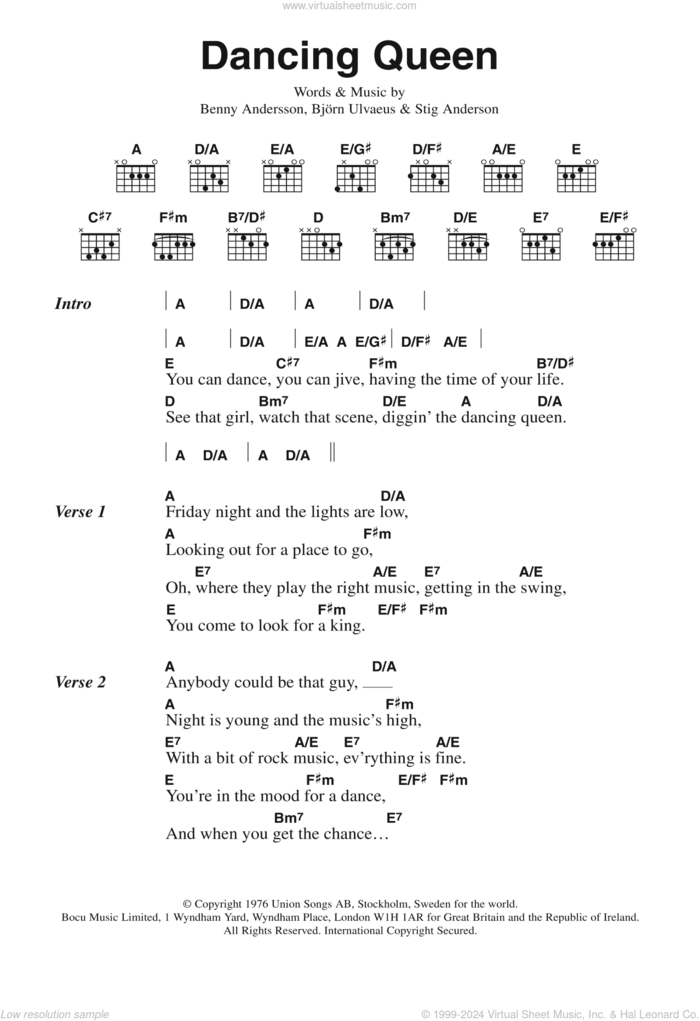 Dancing Queen sheet music for guitar (chords) by ABBA, Benny Andersson, Bjorn Ulvaeus and Stig Anderson, intermediate skill level