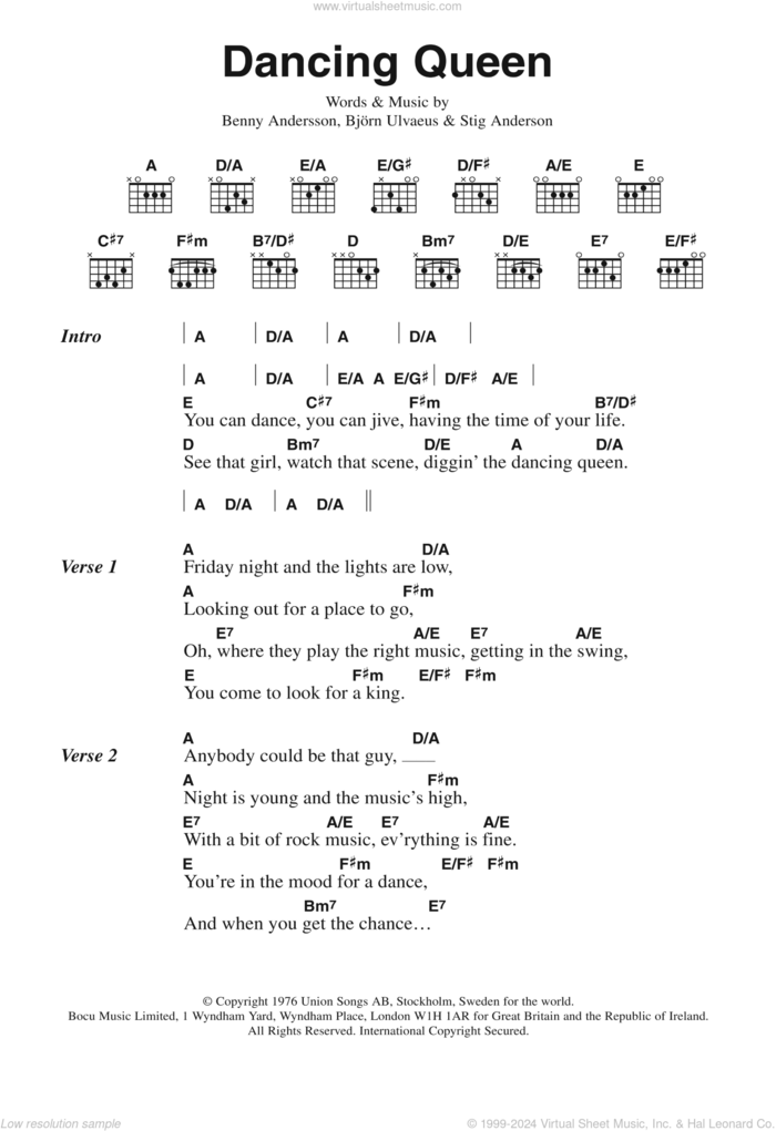 Dancing Queen sheet music for guitar (chords) by ABBA, Benny Andersson, Bjorn Ulvaeus and Stig Anderson, intermediate skill level