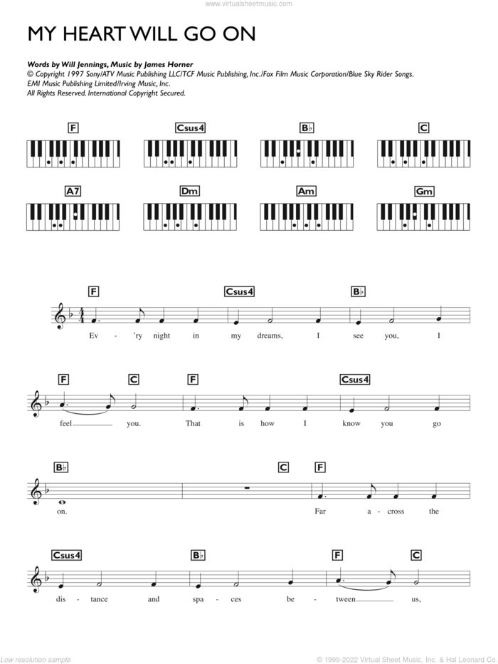 My Heart Will Go On (Love Theme from Titanic) sheet music for piano solo (chords, lyrics, melody) by Celine Dion, James Horner and Will Jennings, wedding score, intermediate piano (chords, lyrics, melody)