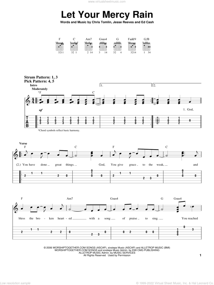 Let Your Mercy Rain sheet music for guitar solo (easy tablature) by Chris Tomlin, Ed Cash and Jesse Reeves, easy guitar (easy tablature)