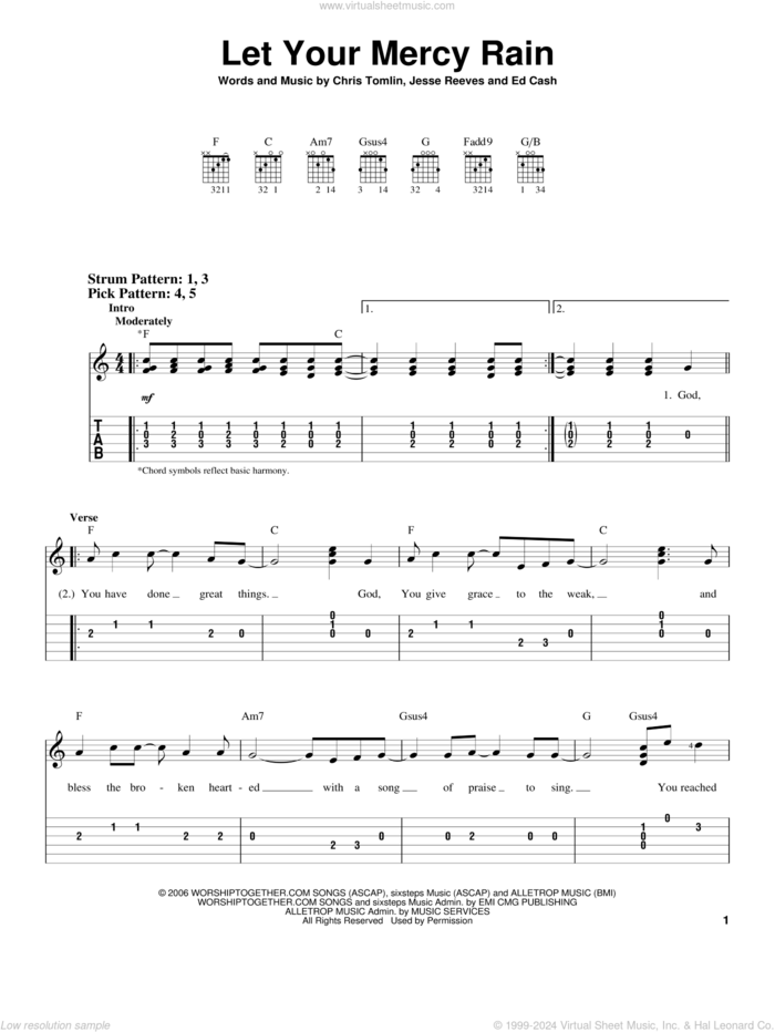 Let Your Mercy Rain sheet music for guitar solo (easy tablature) by Chris Tomlin, Ed Cash and Jesse Reeves, easy guitar (easy tablature)