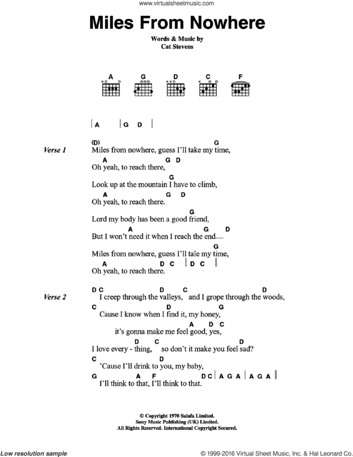 Miles From Nowhere sheet music for guitar (chords) by Cat Stevens, intermediate skill level