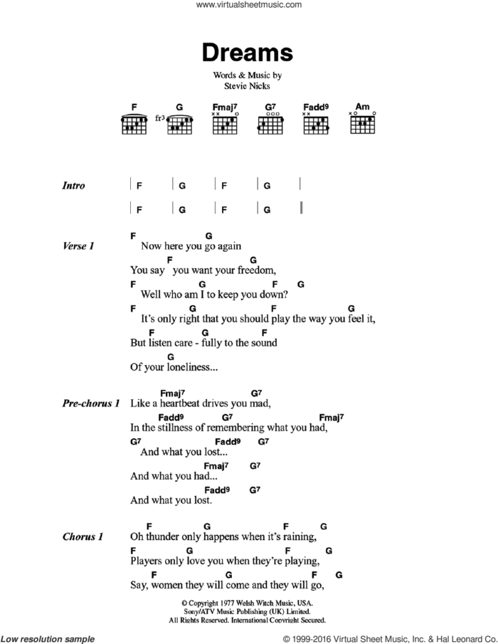 Dreams sheet music for guitar (chords) by Fleetwood Mac and Stevie Nicks, intermediate skill level