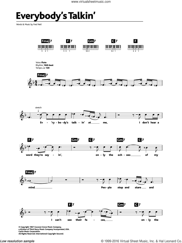 Everybody's Talkin' sheet music for piano solo (chords, lyrics, melody) by Nilsson and Fred Neil, intermediate piano (chords, lyrics, melody)