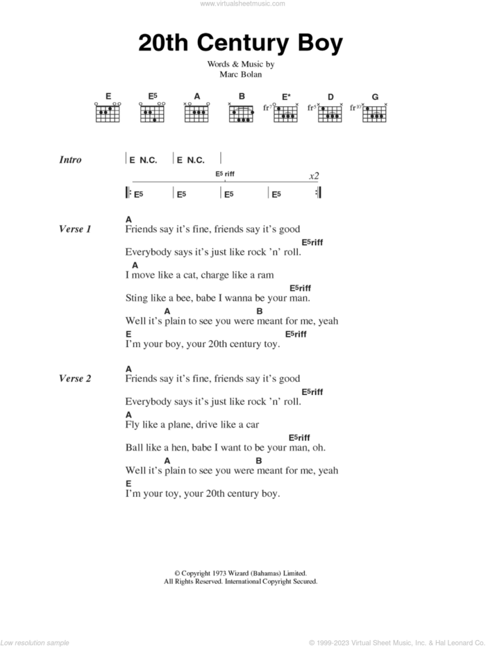 20th Century Boy sheet music for guitar (chords) by T Rex and Marc Bolan, intermediate skill level