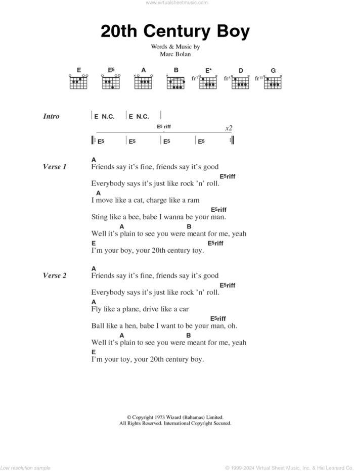 20th Century Boy sheet music for guitar (chords) by T Rex and Marc Bolan, intermediate skill level