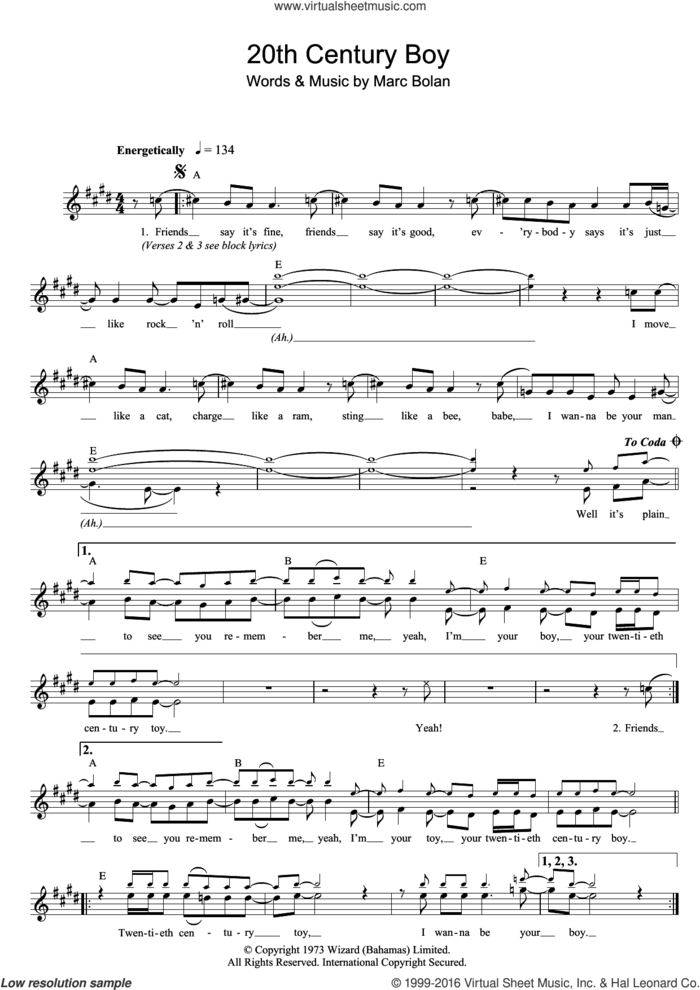 20th Century Boy sheet music for voice and other instruments (fake book) by T Rex and Marc Bolan, intermediate skill level