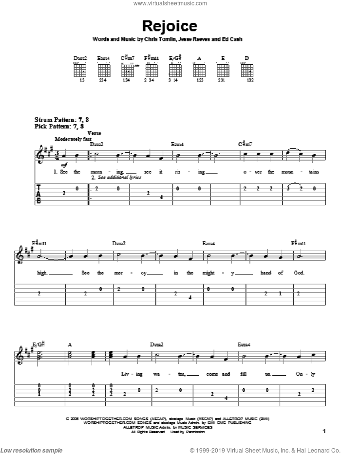Rejoice sheet music for guitar solo (easy tablature) by Chris Tomlin, Ed Cash and Jesse Reeves, easy guitar (easy tablature)
