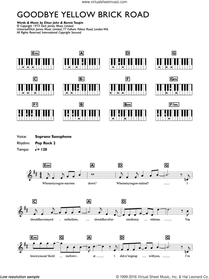 Goodbye Yellow Brick Road sheet music for piano solo (chords, lyrics, melody) by Elton John and Bernie Taupin, intermediate piano (chords, lyrics, melody)