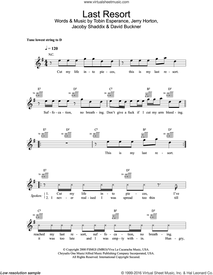 Last Resort sheet music for voice and other instruments (fake book) by Papa Roach, David Buckner, Jacoby Shaddix, Jerry Horton and Tobin Esperance, intermediate skill level