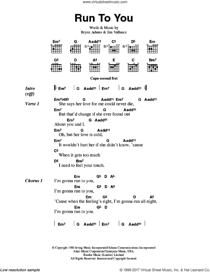 Run To You sheet music for guitar (chords) by Bryan Adams and Jim Vallance, intermediate skill level