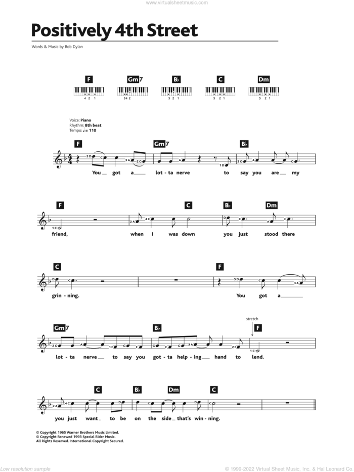 Positively 4th Street sheet music for piano solo (chords, lyrics, melody) by Bob Dylan, intermediate piano (chords, lyrics, melody)