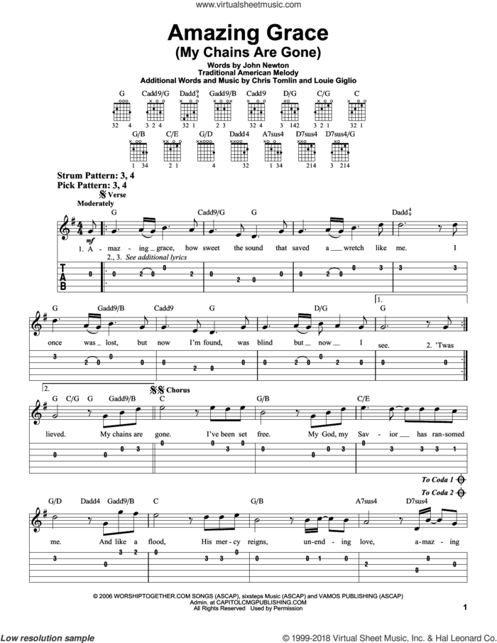 Amazing Grace (My Chains Are Gone) sheet music for guitar solo (easy tablature) by Chris Tomlin, John Newton, Louie Giglio and Miscellaneous, easy guitar (easy tablature)