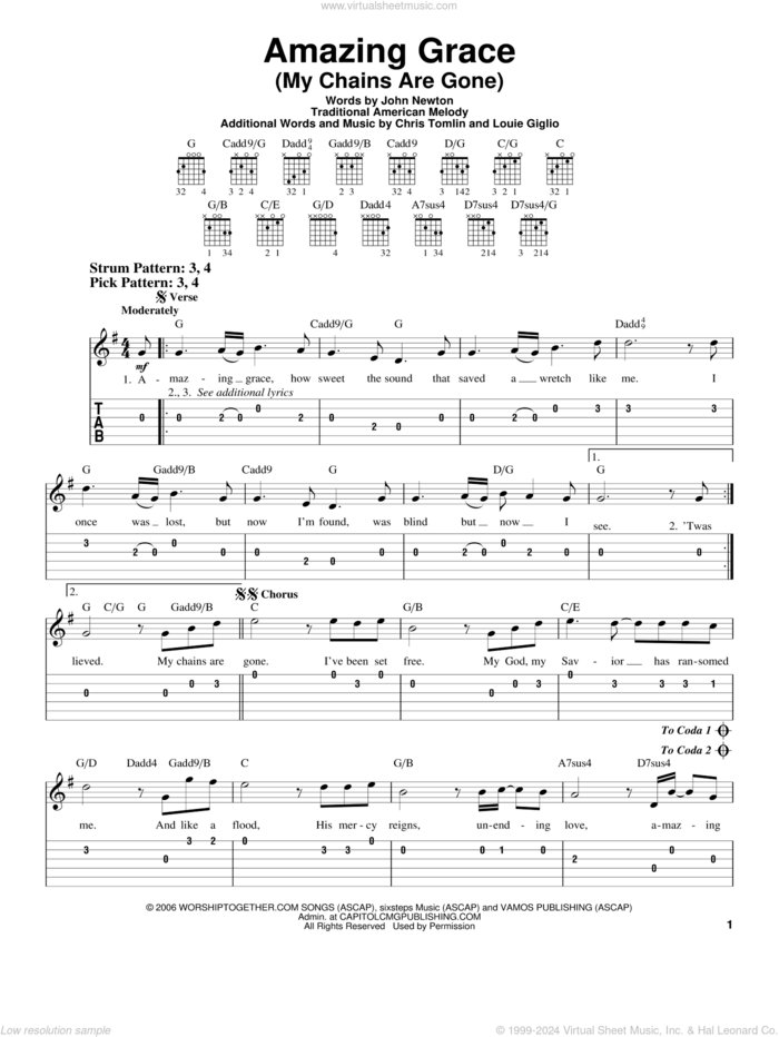 Amazing Grace (My Chains Are Gone) sheet music for guitar solo (easy tablature) by Chris Tomlin, John Newton, Louie Giglio and Miscellaneous, easy guitar (easy tablature)