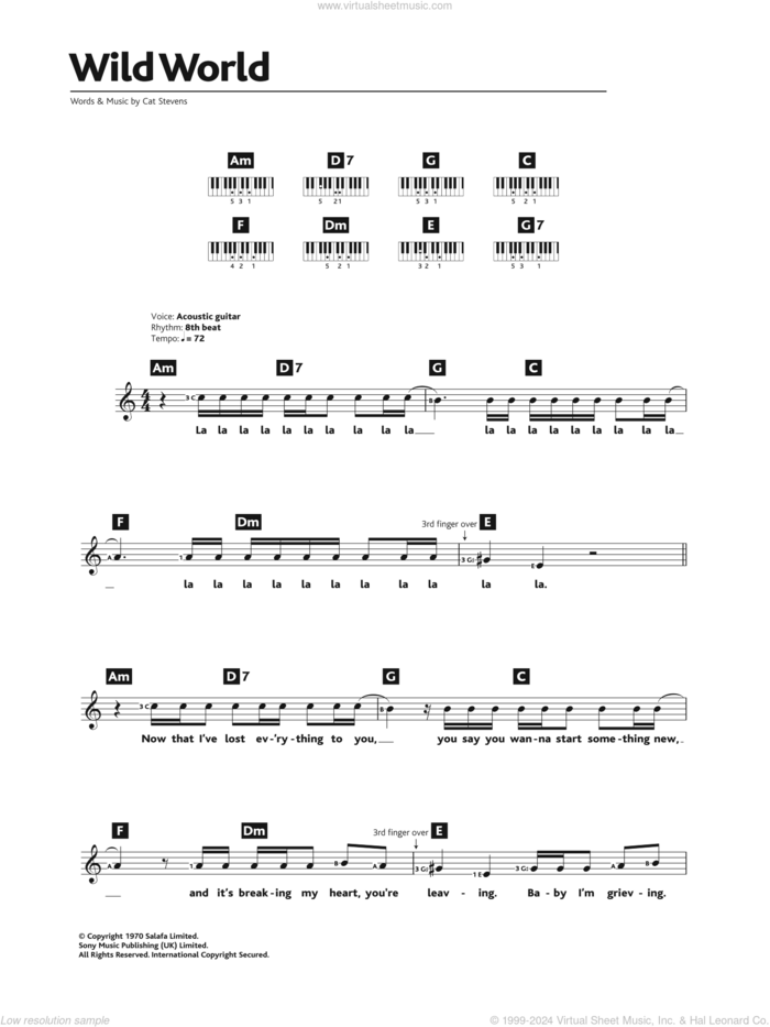 Wild World sheet music for piano solo (chords, lyrics, melody) by Cat Stevens, intermediate piano (chords, lyrics, melody)