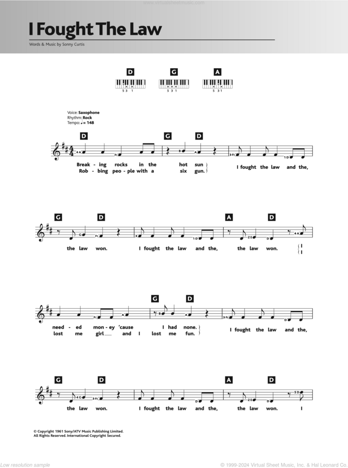 I Fought The Law sheet music for piano solo (chords, lyrics, melody) by The Clash and Sonny Curtis, intermediate piano (chords, lyrics, melody)