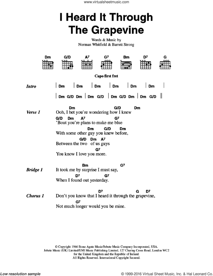 I Heard It Through The Grapevine sheet music for guitar (chords) by Marvin Gaye, Barrett Strong and Norman Whitfield, intermediate skill level
